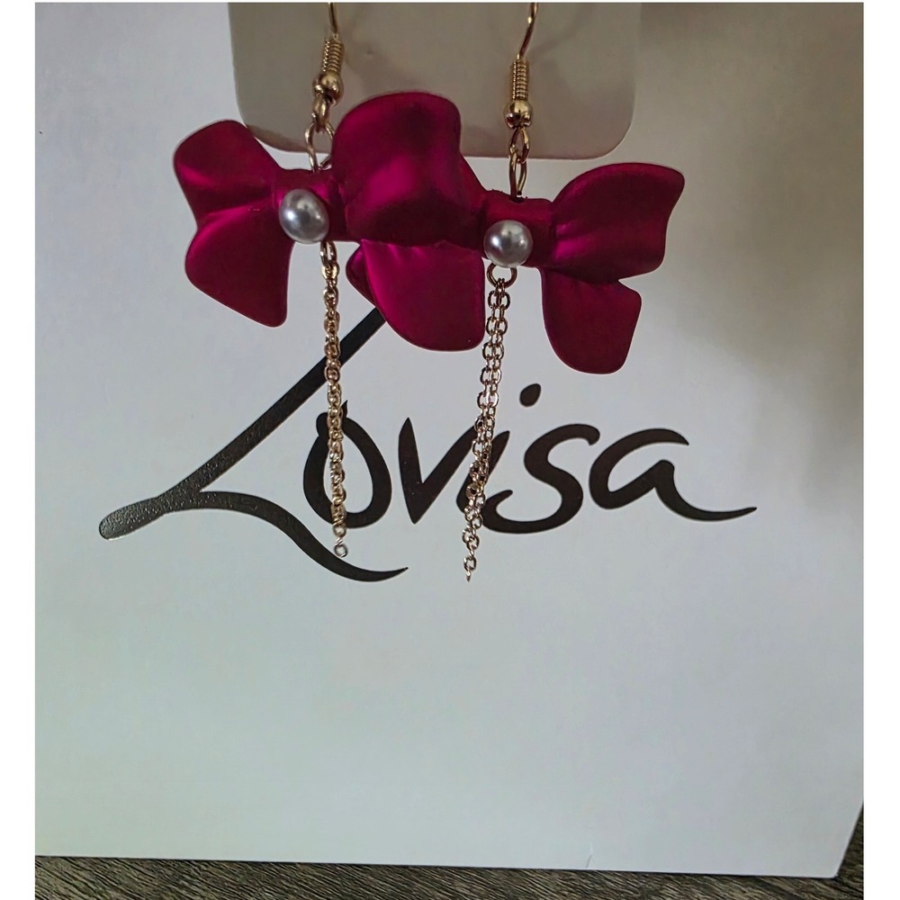 Lovisa Womens Fuchsia Pink Satin Bow Faux Pearl Gold Tone Chain Drop Earrings